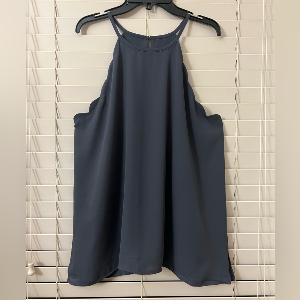 LOFT Women’s Medium High Neck Scallop Blouse Charcoal Grey Sleeveless Flowy Top